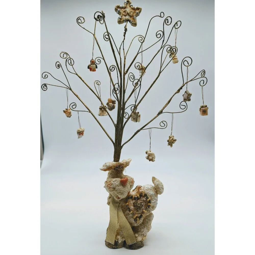 Vtg Christmas Resin Lamb Sheep Wire Tree Mini Ornaments Glitter Kitschy